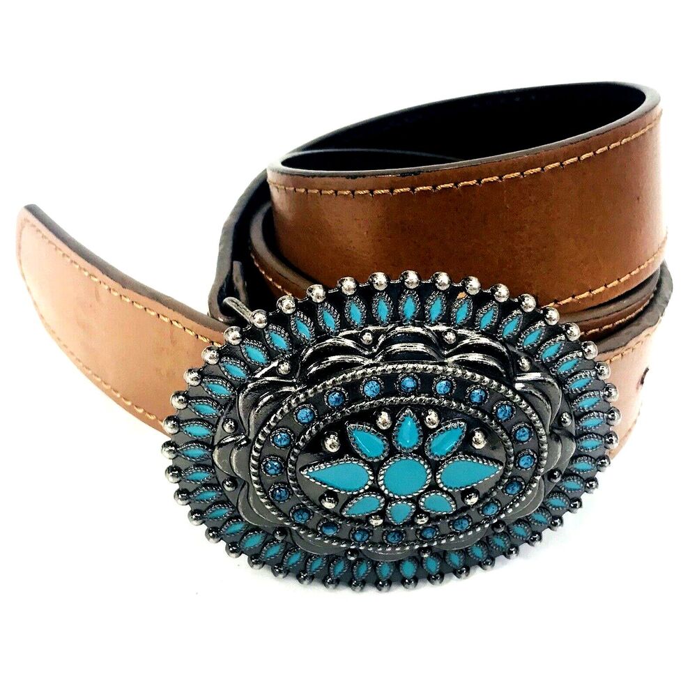 Faux Turquoise Buckle Leather Belt S M Women Concho Silver Brown Western 26-32 - Picture 4 of 14
